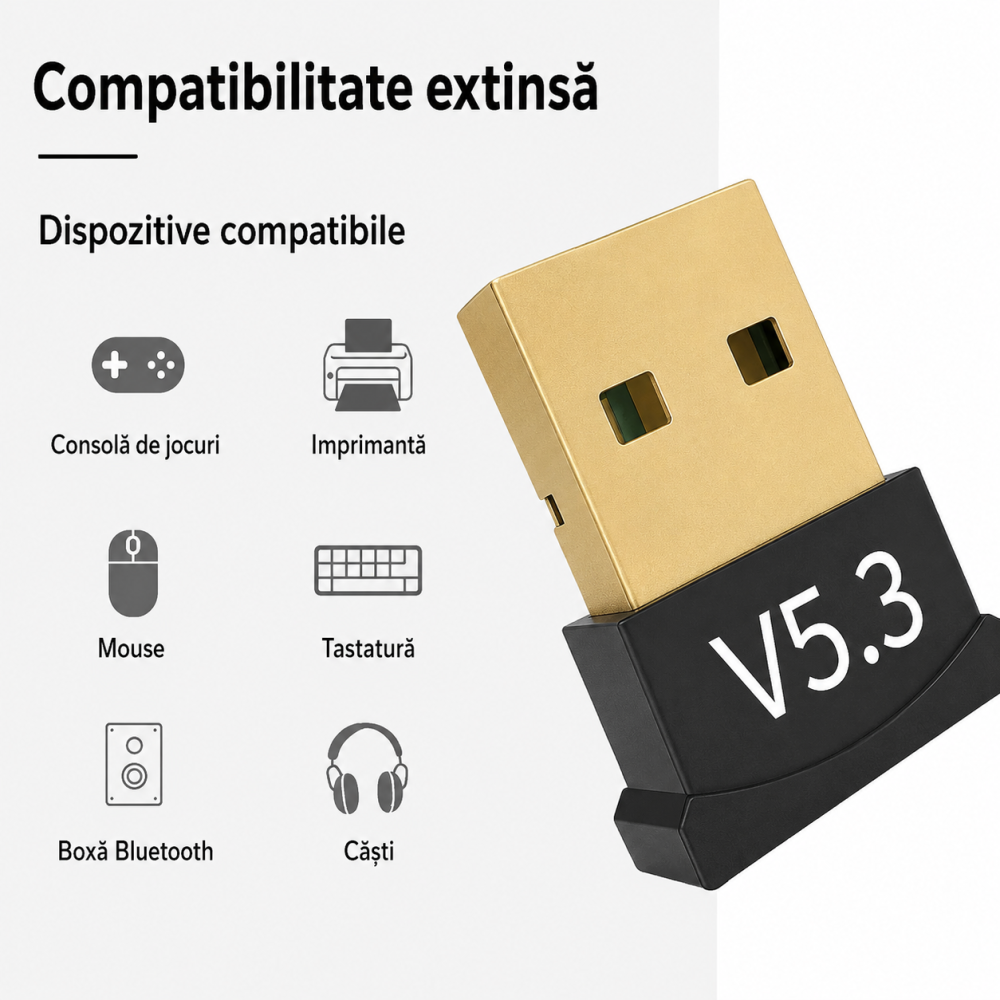 Adaptor Bluetooth negru USB 5.3, mini dongle wireless pentru PC si laptop, conectare casti, boxe, mouse, tastatura, controller si periferice compatibile [4]