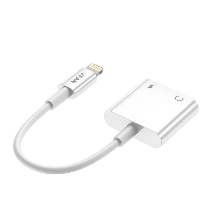 Adaptor cablu Iphone 2in1, audio si incarcare simultan, lungime cablu 10 cm alb [2]