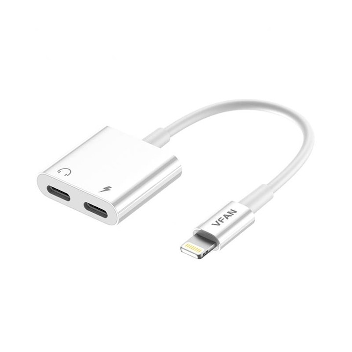 Adaptor cablu Iphone 2in1, audio si incarcare simultan, lungime cablu 10 cm alb