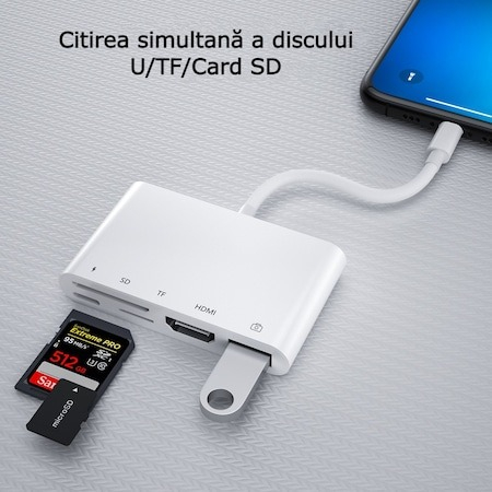 Adaptor multifunctional 5 in 1, cititor de carduri, compatibil iphone, USB, HDMI - Alb [4]