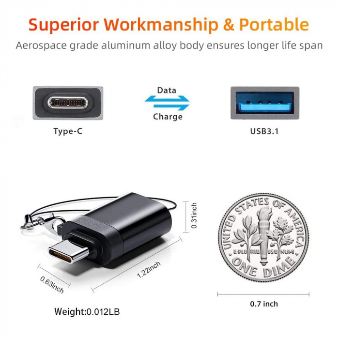 Adaptor Conversie USB 3.0 la USB Type-C, USB-A, USB-C, snur de prindere - Negru [3]