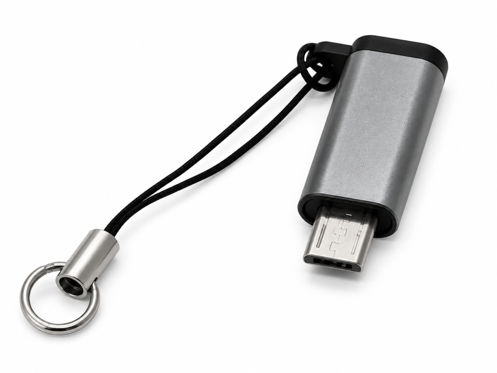 Adaptor gri Lightning la USB-C, convertor compact cu carcasa metalica, snur si inel tip breloc, pentru conectarea dispozitivelor si accesoriilor compatibile [1]
