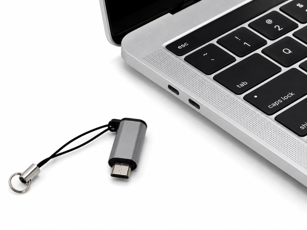 Adaptor gri Lightning la USB-C, convertor compact cu carcasa metalica, snur si inel tip breloc, pentru conectarea dispozitivelor si accesoriilor compatibile [2]