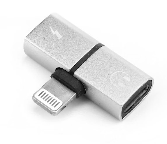 Adaptor Lightning 2 in 1, argintiu, pentru incarcare si casti audio, conector dual pentru telefon, utilizare simultana, design compact [2]