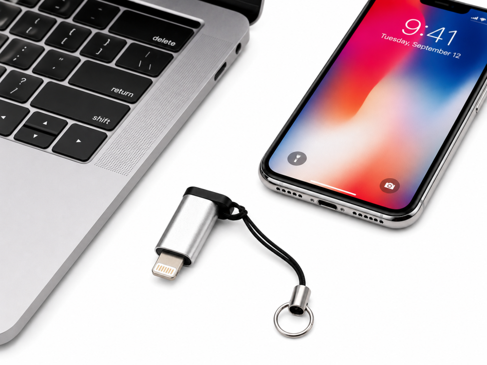 Adaptor Lightning argintiu cu negru, USB-C mama la Lightning tata, convertor Type-C compact cu breloc pentru dispozitive compatibile [2]