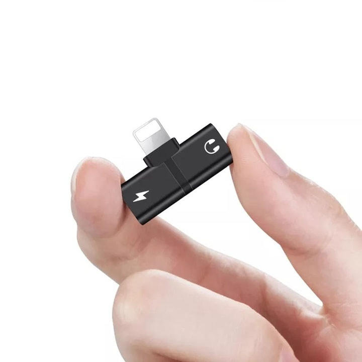 Adaptor Lightning cu 2 intrari pentru iPhone, incarcare + audio simultan, compatibil modele 7–X, compact si rezistent, negru [12]