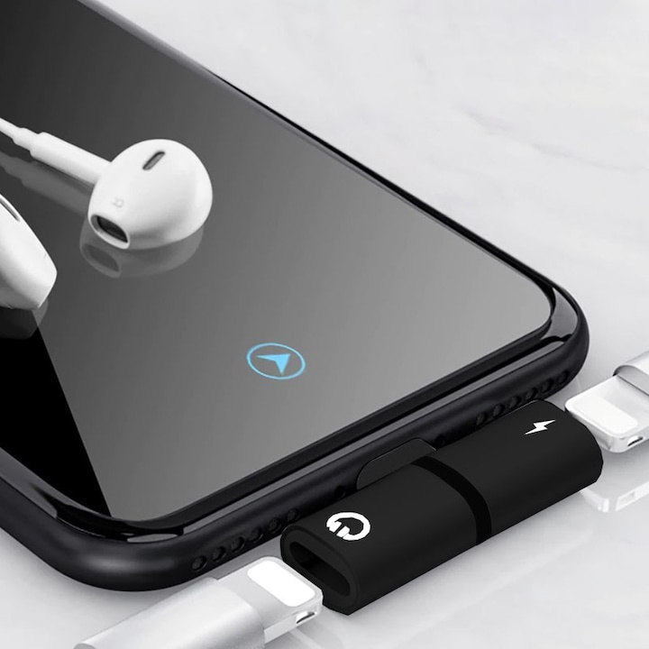 Adaptor Lightning cu 2 intrari pentru iPhone, incarcare + audio simultan, compatibil modele 7–X, compact si rezistent, negru [9]