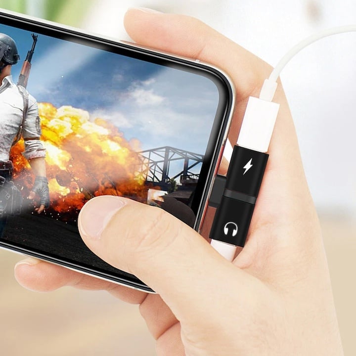 Adaptor Lightning cu 2 intrari pentru iPhone, incarcare + audio simultan, compatibil modele 7–X, compact si rezistent, negru [6]