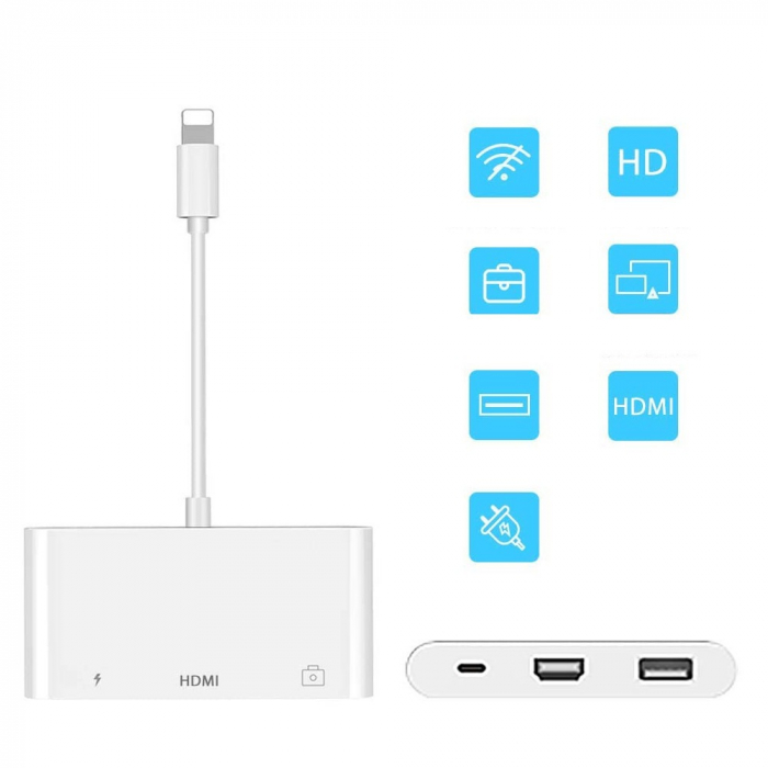 Adaptor multifunctional 3 in 1, cititor de carduri, compatibil iphone, USB, HDMI - Alb [3]