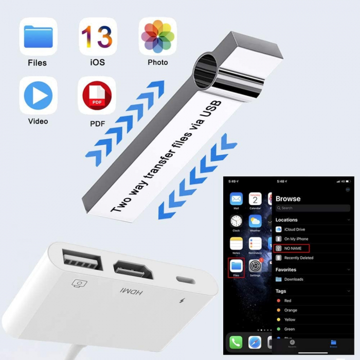 Adaptor multifunctional 3 in 1, cititor de carduri, compatibil iphone, USB, HDMI - Alb [4]