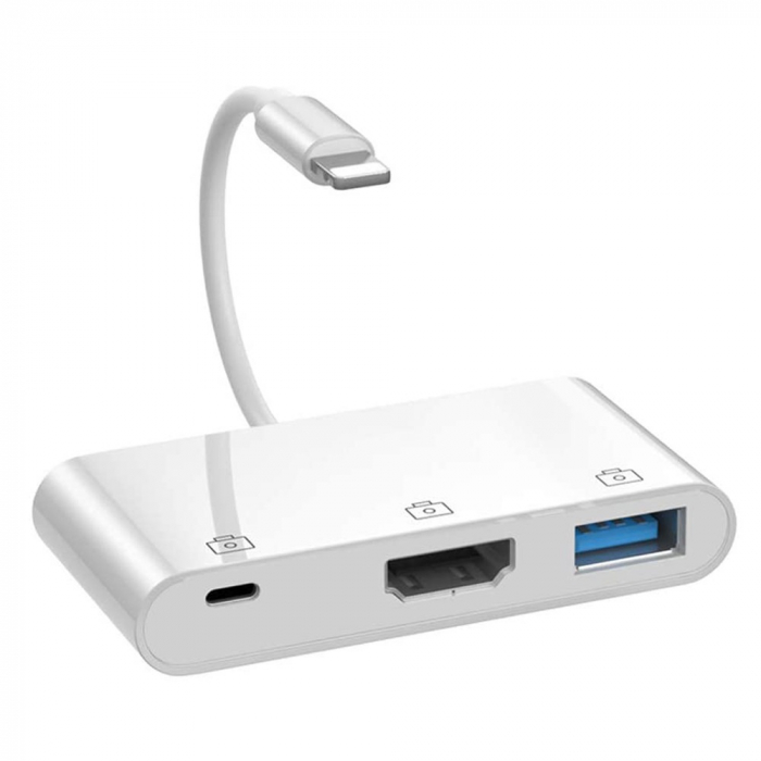 Adaptor multifunctional 3 in 1, cititor de carduri, compatibil iphone, USB, HDMI - Alb