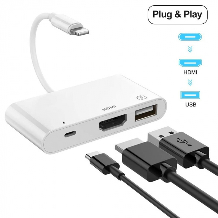 Adaptor multifunctional 3 in 1, cititor de carduri, compatibil iphone, USB, HDMI - Alb [2]