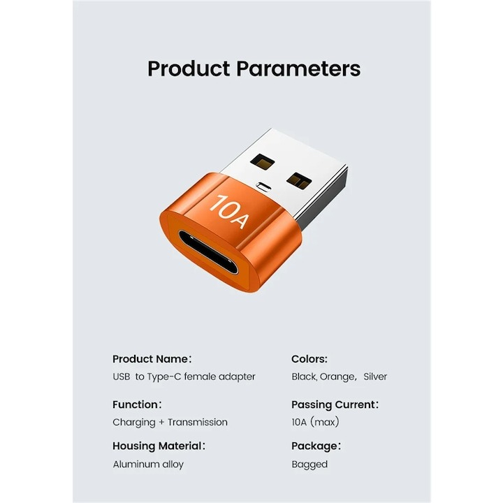 Adaptor OTG, de la USB tata la Type-C mama, viteza de transfer mare, 10A- Negru [2]