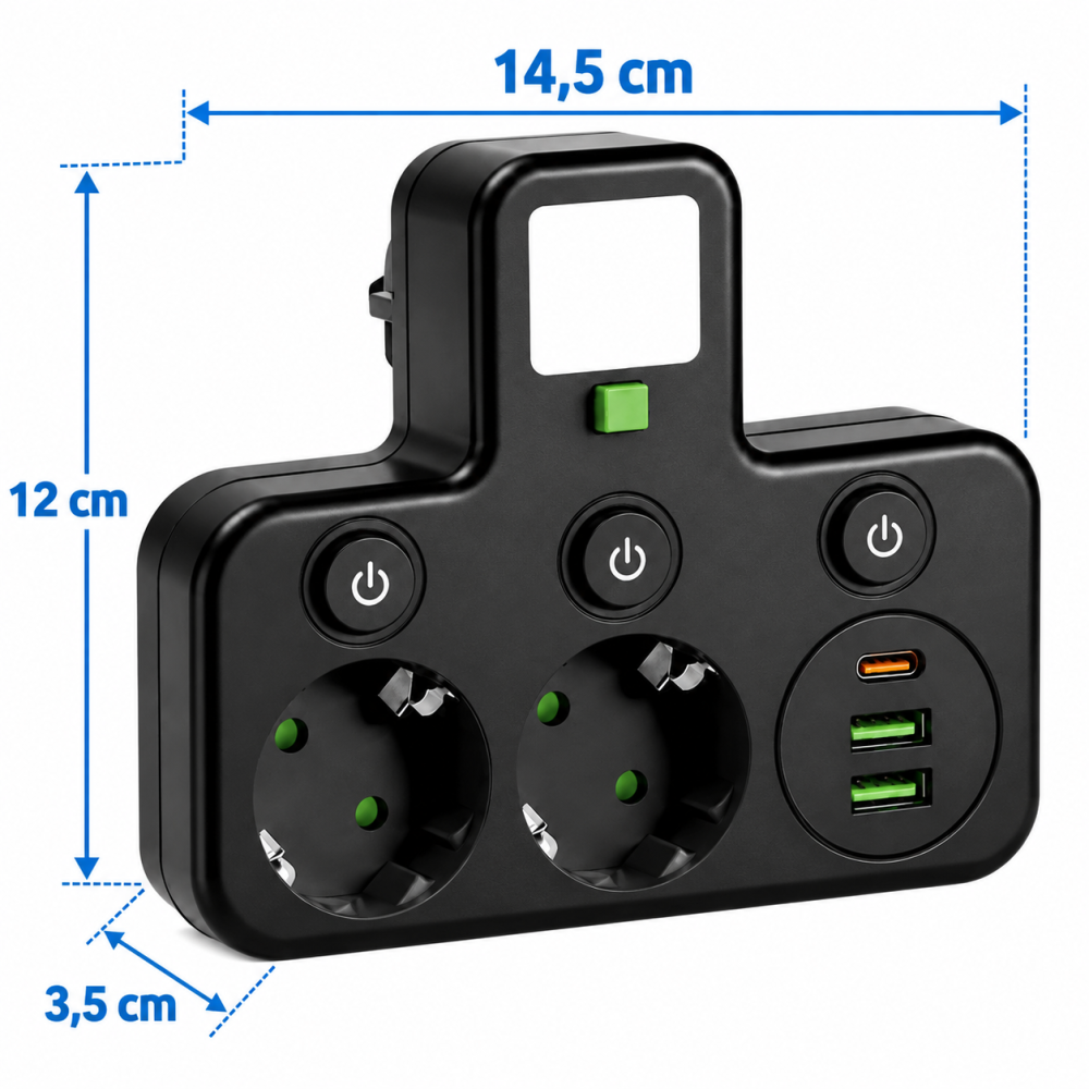 Adaptor priza negru 14.5 x 12 x 3.5 cm, 2 prize 230V, 2 USB-A, 1 USB-C, lumina LED 5600K [5]