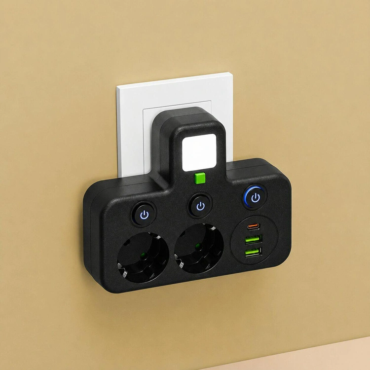 Adaptor priza negru 14.5 x 12 x 3.5 cm, 2 prize 230V, 2 USB-A, 1 USB-C, lumina LED 5600K [4]