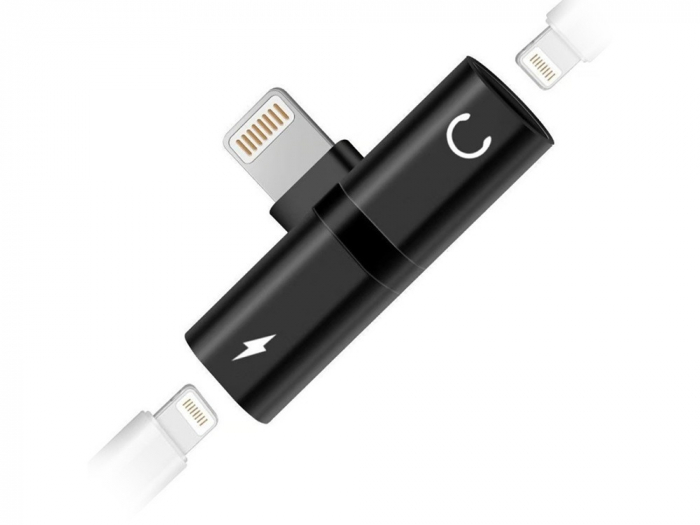 Adaptor splitter 2in1, 2x USB Iphone - Jack 3.5 mm - Negru [2]