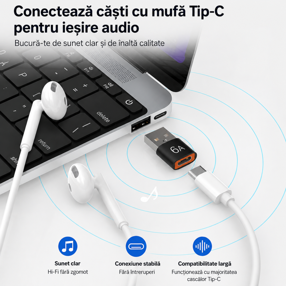 Adaptor USB-A negru 6A la USB-C mama, convertor compact pentru incarcare rapida, transfer date si conectare casti, telefon, tableta, laptop si accesorii USB-C [2]