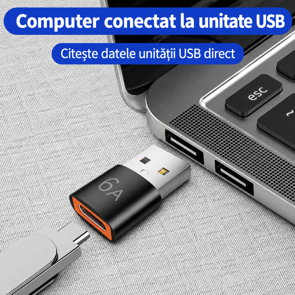 Adaptor USB-A negru 6A la USB-C mama, convertor compact pentru incarcare rapida, transfer date si conectare casti, telefon, tableta, laptop si accesorii USB-C [3]