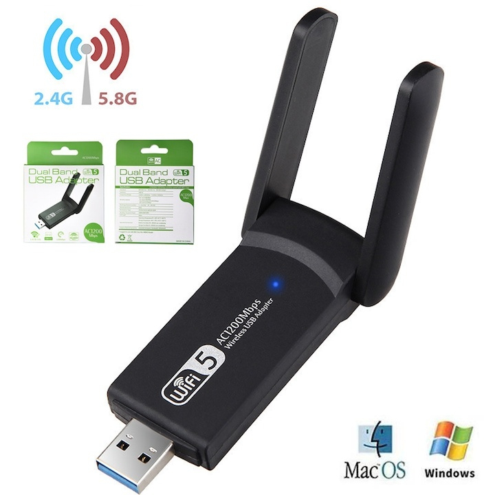 Adaptor wireless USB dual band 2.4 si 5 GHz, 1200 Mbps, USB 3.0, antene externe, culoare neagra [2]