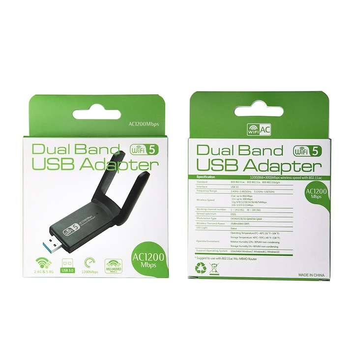 Adaptor wireless USB dual band 2.4 si 5 GHz, 1200 Mbps, USB 3.0, antene externe, culoare neagra [5]