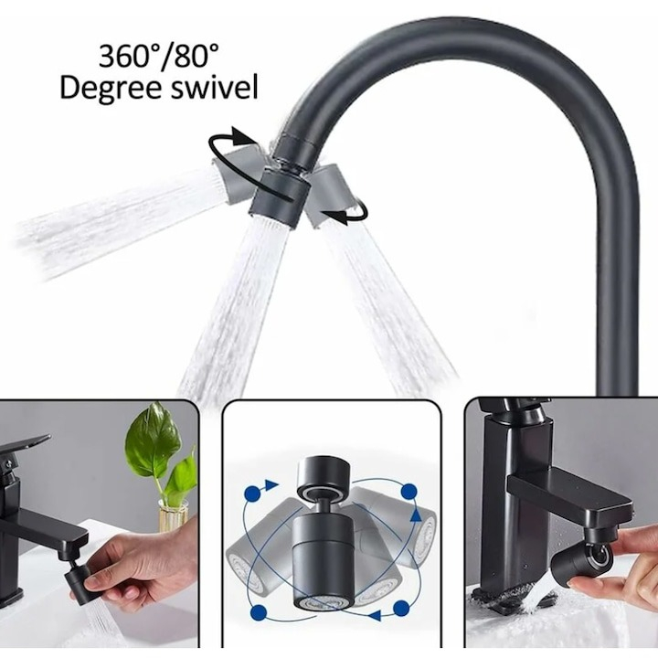 Aerator apa dublu - pivotant, rotire 360, din material inoxidabil, doua moduri pulverizare, filet M24 mama - Negru [4]