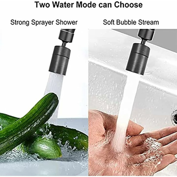 Aerator apa dublu - pivotant, rotire 360, din material inoxidabil, doua moduri pulverizare, filet M24 mama - Negru [5]