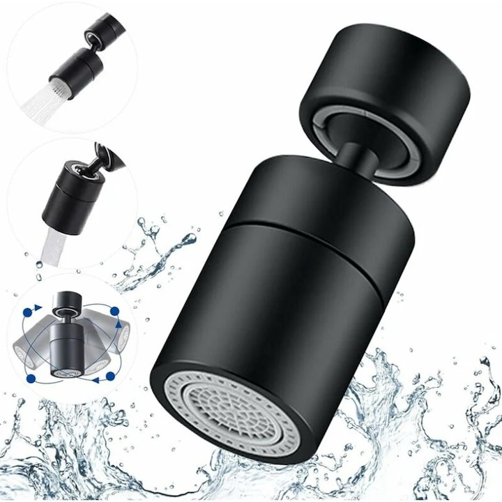 Aerator apa dublu - pivotant, rotire 360, din material inoxidabil, doua moduri pulverizare, filet M24 mama - Negru [6]