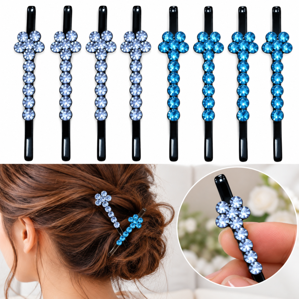 Agrafe par albastru si bleu 5 x 1 cm cu pietre artificiale, set 8, 4 albastru si 4 bleu, model floral pentru coc, suvite, impletituri si coafuri decorative [2]
