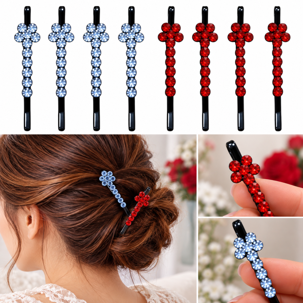 Agrafe par bleu si rosu 5 x 1 cm, set 8, 4 bleu si 4 rosu, cu pietre artificiale fatetate, decor floral pentru coc si suvite [2]
