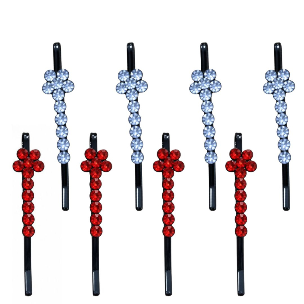 Agrafe par bleu si rosu 5 x 1 cm, set 8, 4 bleu si 4 rosu, cu pietre artificiale fatetate, decor floral pentru coc si suvite [3]