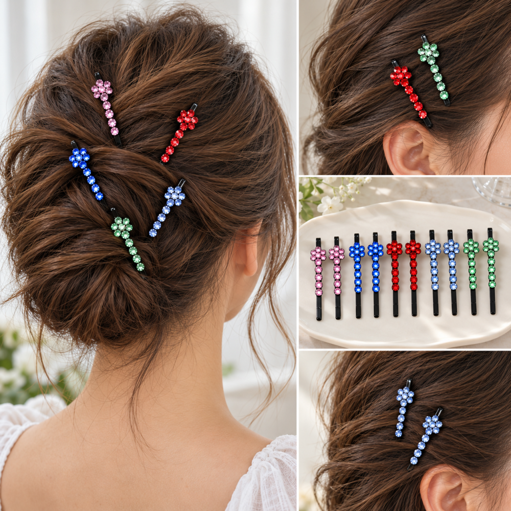 Agrafe par roz, albastru, rosu, bleu si verde deschis 5 x 1 cm, set 10, cate 2 din fiecare culoare, cu pietre artificiale si model floral pentru coafuri [2]