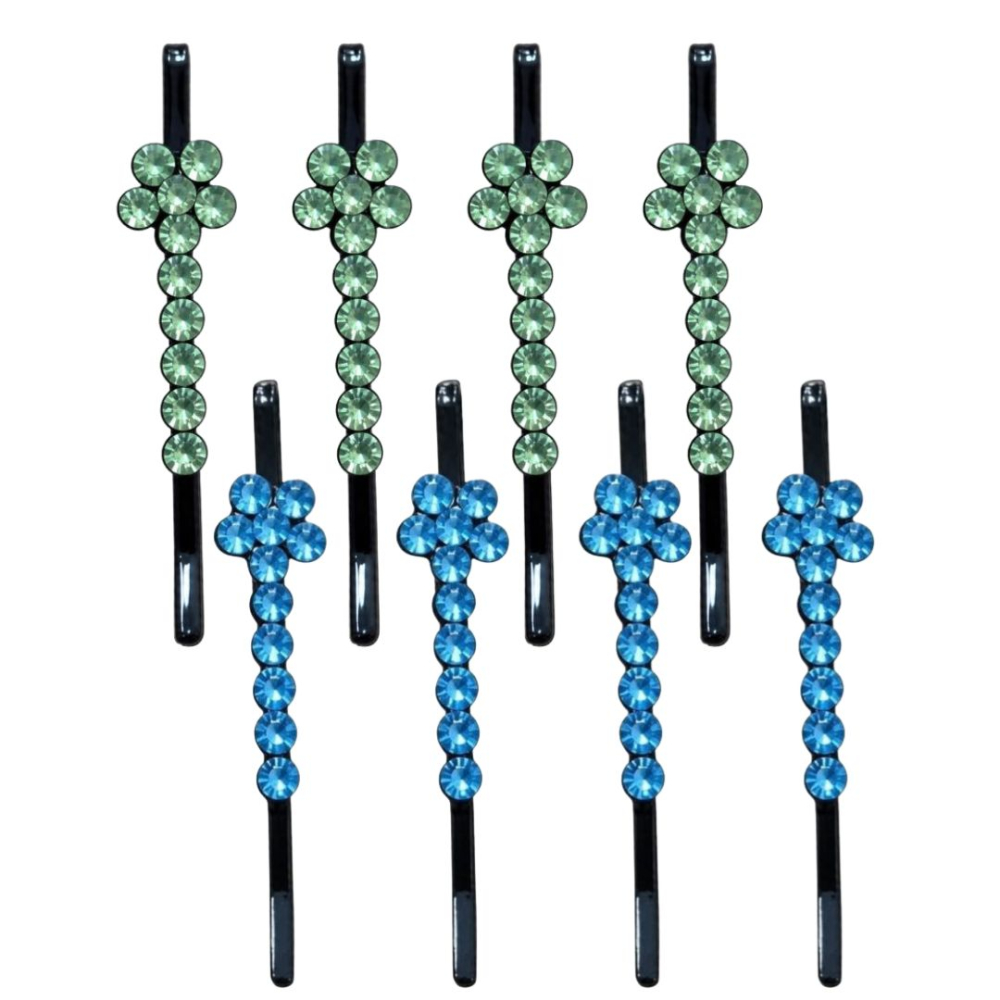 Agrafe verde deschis si albastru 5 x 1 cm pentru par, set 8, 4 verde deschis si 4 albastru, cu pietre artificiale, decor floral pentru coc si impletituri [3]