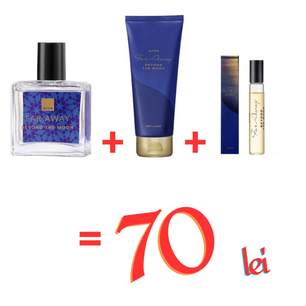 Apa de parfum Far Away Beyond The Moon 30 ml cu cremă de corp Far Away Beyond The Moon 125 ml și miniparfum Beyond The Moon 8 ml – set feminin floral-lemnos, elegant și luminos [1]