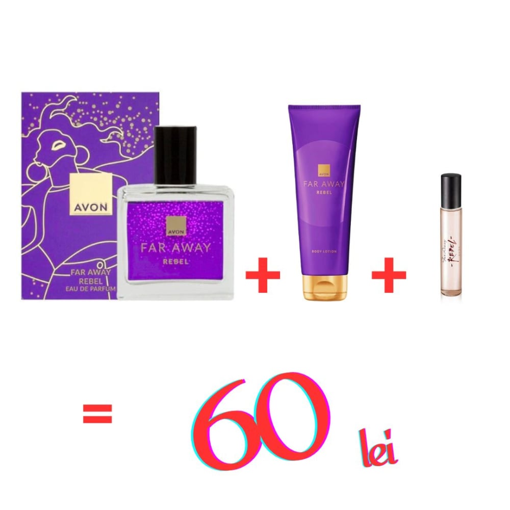 Apa de parfum Far Away Rebel 30 ml cu loțiune de corp Far Away Rebel 125 ml și miniparfum Rebel 8 ml – set complet pentru femei, cu aromă fructat-orientală persistentă [1]
