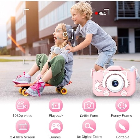 Aparat foto pentru copii,rezolutie 1080P HD,ecran 2 inch,12 MP + SD card inclus - Roz [2]