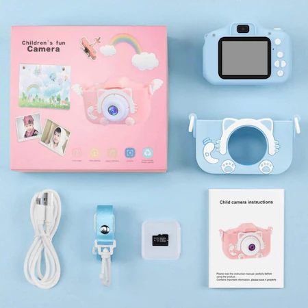 Aparat foto pentru copii,rezolutie 1080P HD,ecran 2 inch,12 MP + SD card inclus - Albastru [3]