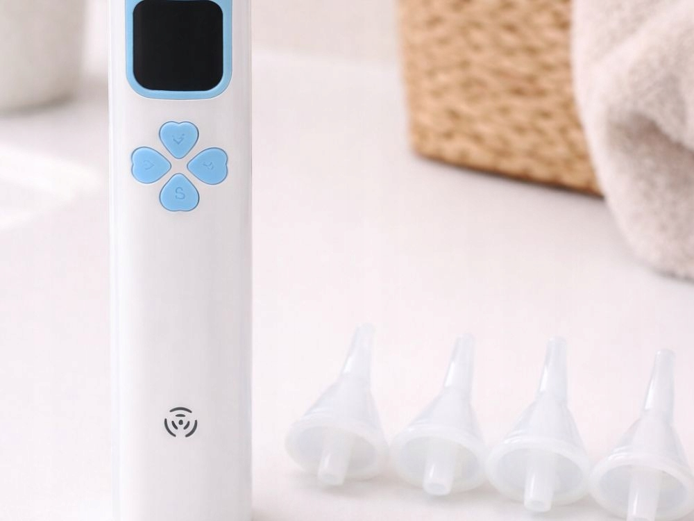 Aspirator nazal electric alb albastru 18.5 x 4 cm, pentru bebelusi si copii, reincarcabil USB, afisaj digital, 4 capete, trepte aspiratie si muzica [2]