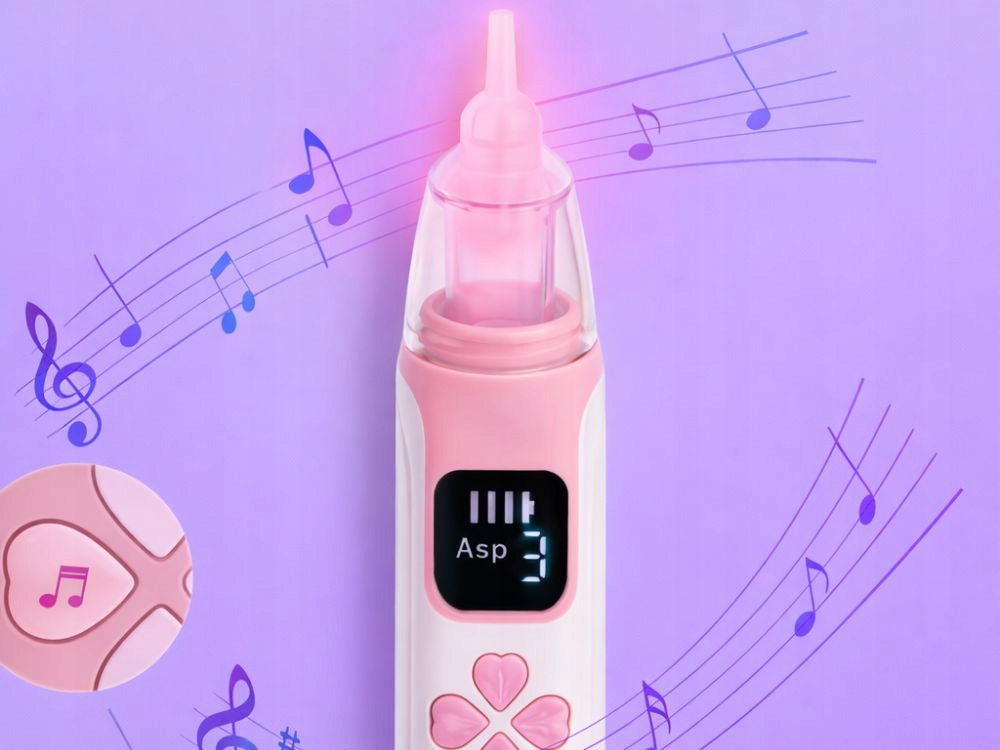 Aspirator nazal electric pentru copii, alb cu roz 18,5 x 4 cm, ecran digital, aspiratie reglabila, 4 capete, functie muzicala, reincarcabil USB [8]