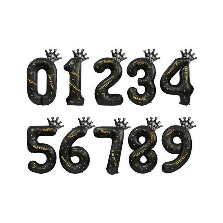 Balon folie cifra 0 cu coroana Happy Birthday 100 cm, negru, umflare aer sau heliu, aniversare decor petrecere [3]