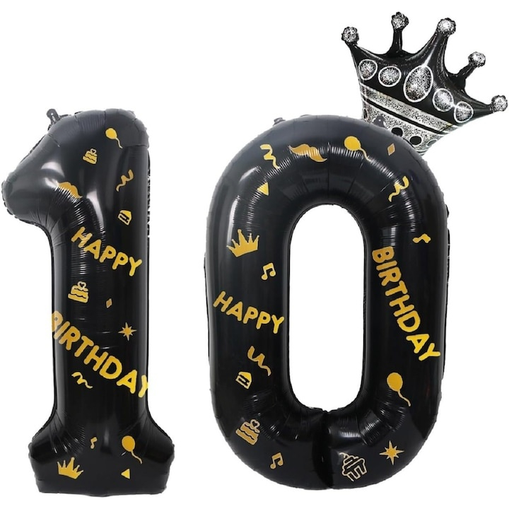 Balon folie cifra 0 cu coroana Happy Birthday 100 cm, negru, umflare aer sau heliu, aniversare decor petrecere [4]