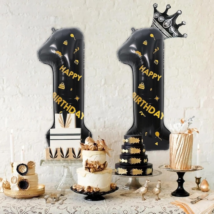 Balon folie cifra 1 cu coroana Happy Birthday 100 cm, negru, umflare aer sau heliu, aniversare decor petrecere [5]