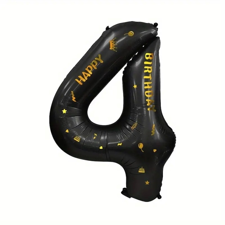 Balon folie cifra 4 cu coroana Happy Birthday 100 cm, negru, umflare aer sau heliu, aniversare decor petrecere [7]