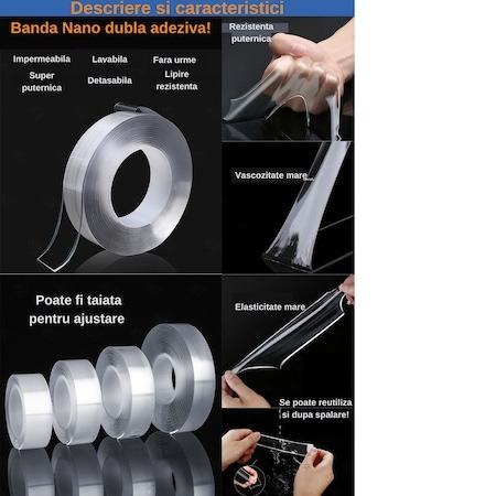 Banda dublu adeziva pentru uz casnic, rezistenta pana la 3 kg, elasticitate mare, lungime 3m [2]