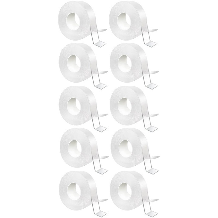 Banda dublu adeziva transparenta, 5 metri, siliconica, flexibila, rezistenta la apa, reutilizabila, nu lasa urme, aplicabila pe diverse suprafete [9]