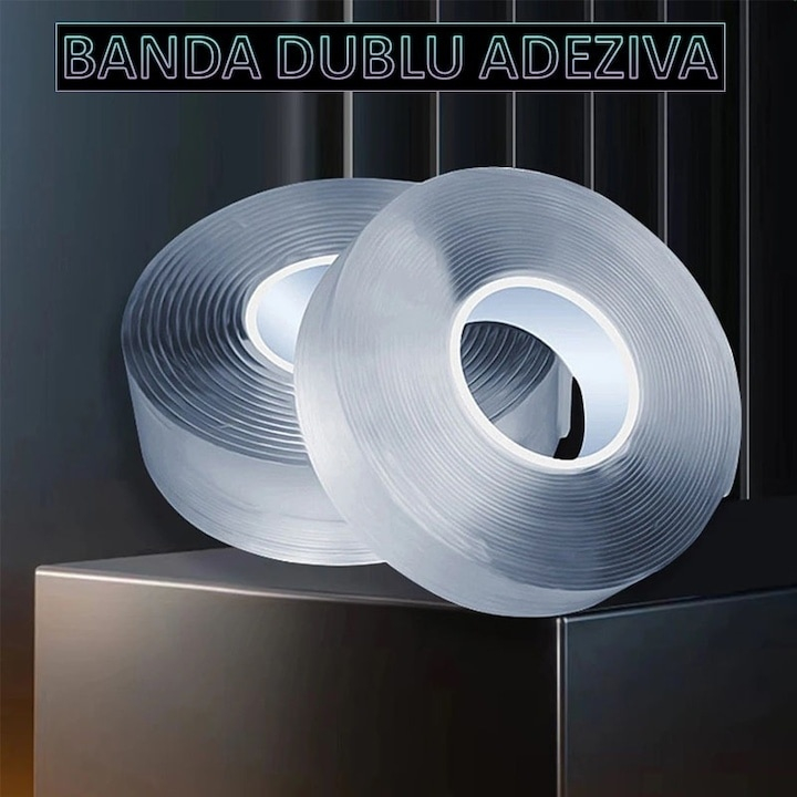 Banda dublu adeziva transparenta, 5 metri, siliconica, flexibila, rezistenta la apa, reutilizabila, nu lasa urme, aplicabila pe diverse suprafete [3]