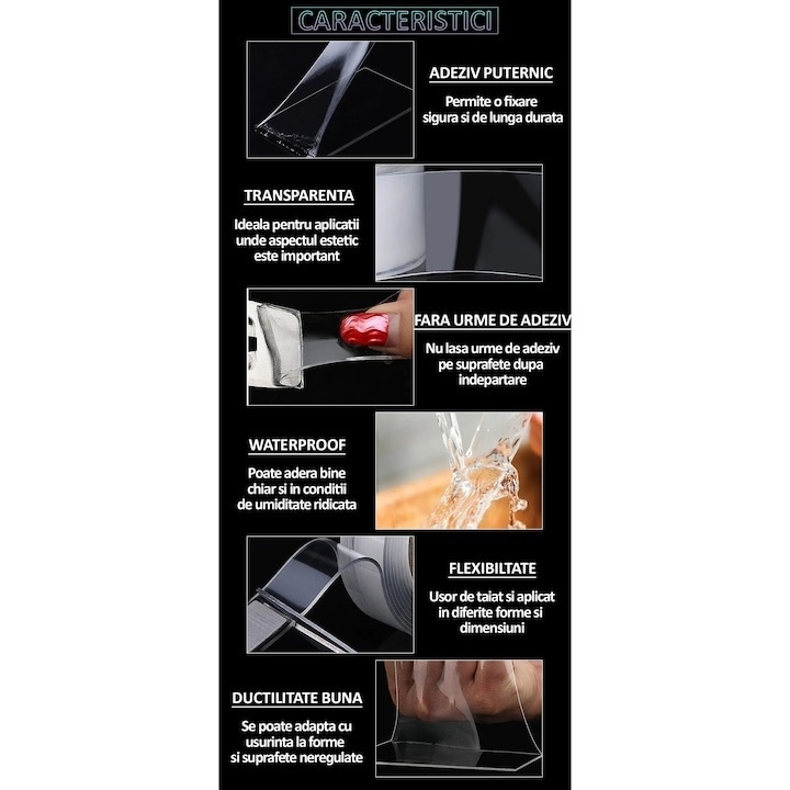 Banda dublu adeziva transparenta, 5 metri, siliconica, flexibila, rezistenta la apa, reutilizabila, nu lasa urme, aplicabila pe diverse suprafete [2]