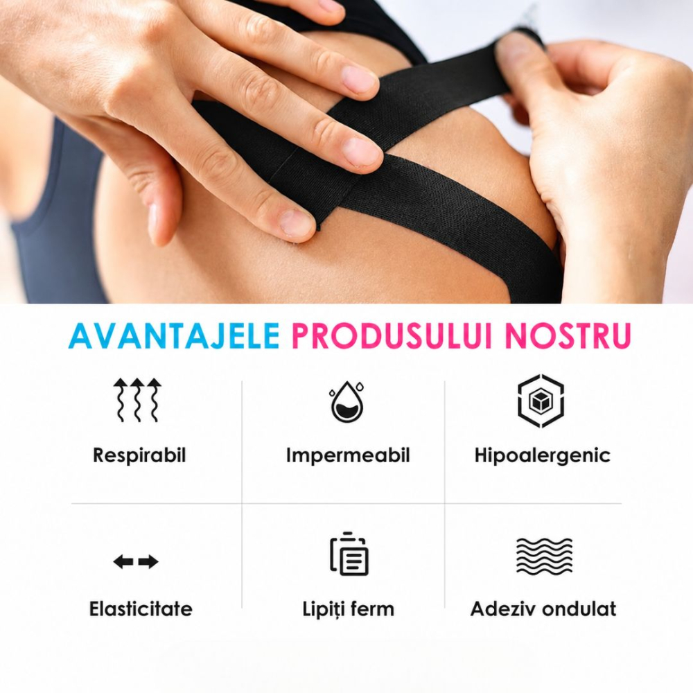 Banda kinesiologica neagra 5 cm x 4.9 m, impermeabila si elastica, suport muscular si articular pentru sport, fitness si recuperare [12]