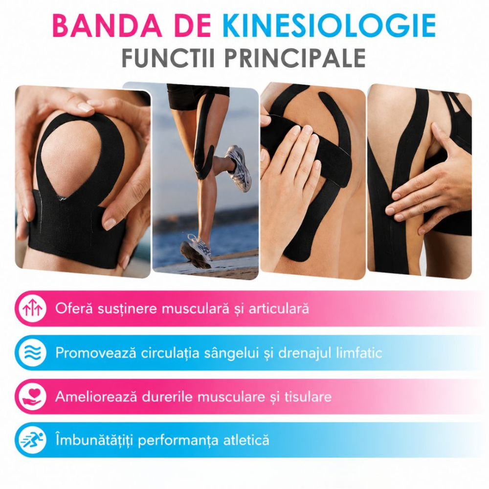 Banda kinesiologica neagra 5 cm x 5 m, impermeabila, elastica, bumbac si elastan, suport muscular si articular pentru sport si recuperare [13]