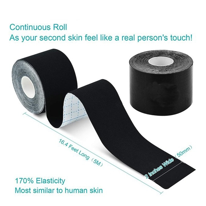 Banda kinesiologica neagra 5 cm x 5 m, impermeabila, elastica, bumbac si elastan, suport muscular si articular pentru sport si recuperare [3]