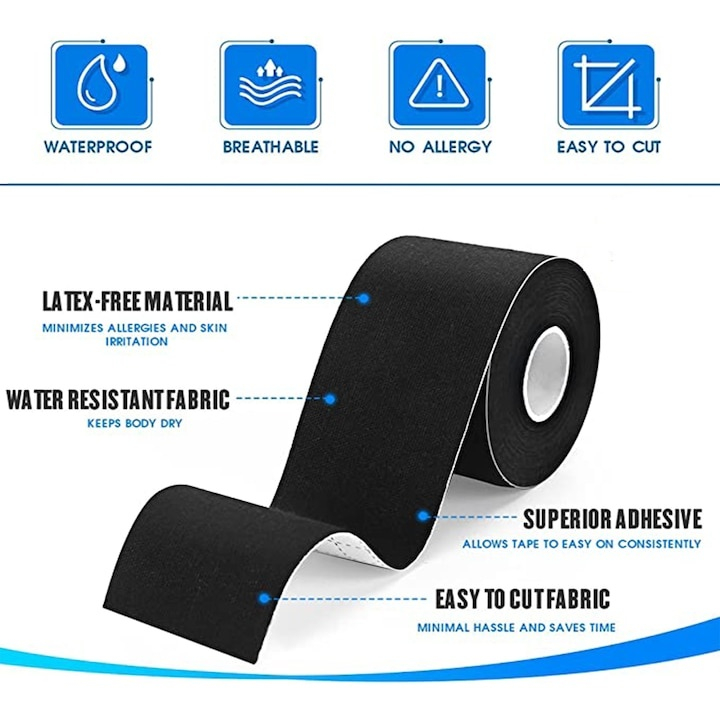 Banda kinesiologica neagra 5 cm x 5 m, impermeabila, elastica, bumbac si elastan, suport muscular si articular pentru sport si recuperare [4]
